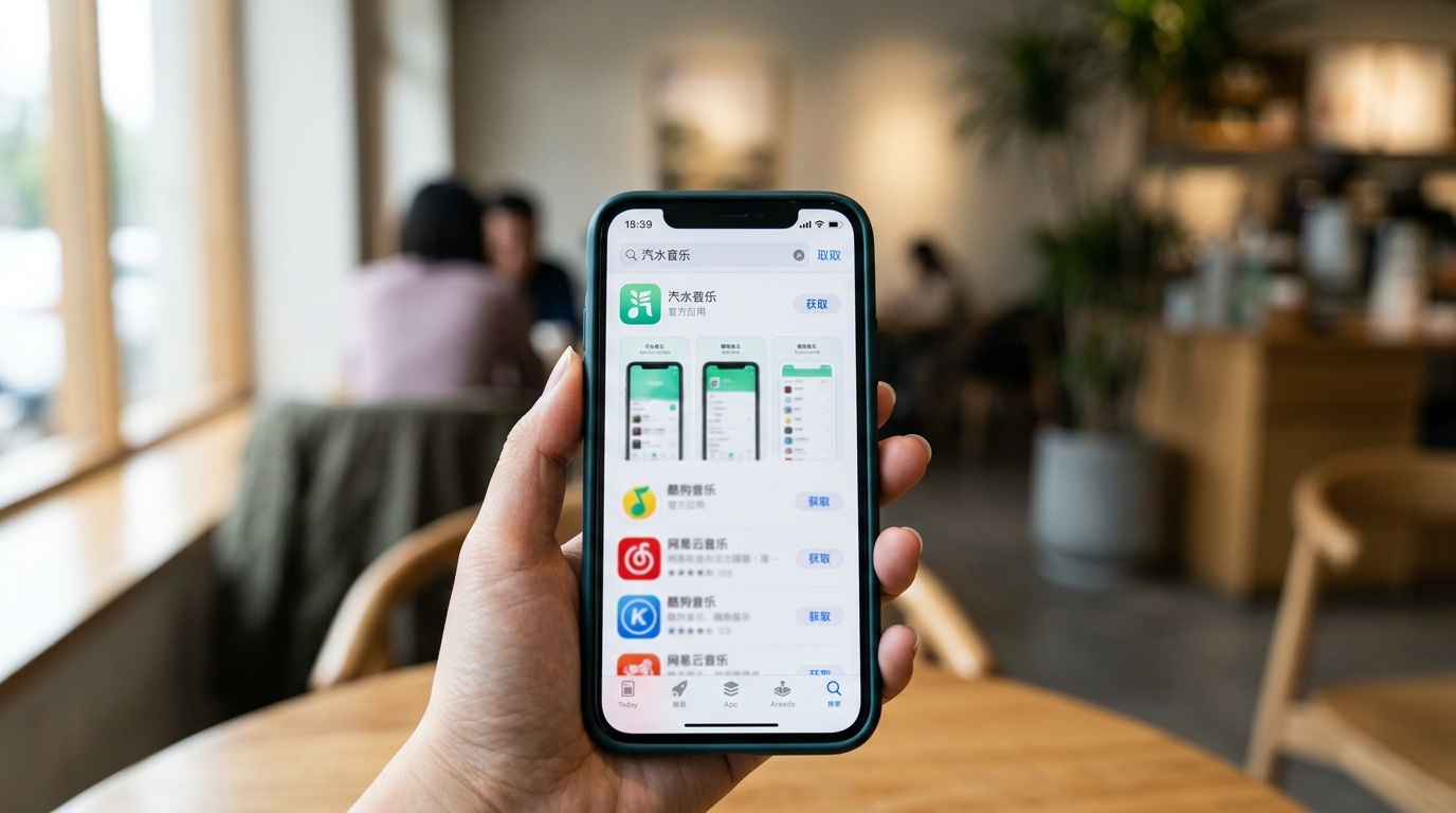 在手机应用商店中搜索并安装汽水音乐应用的界面示意图