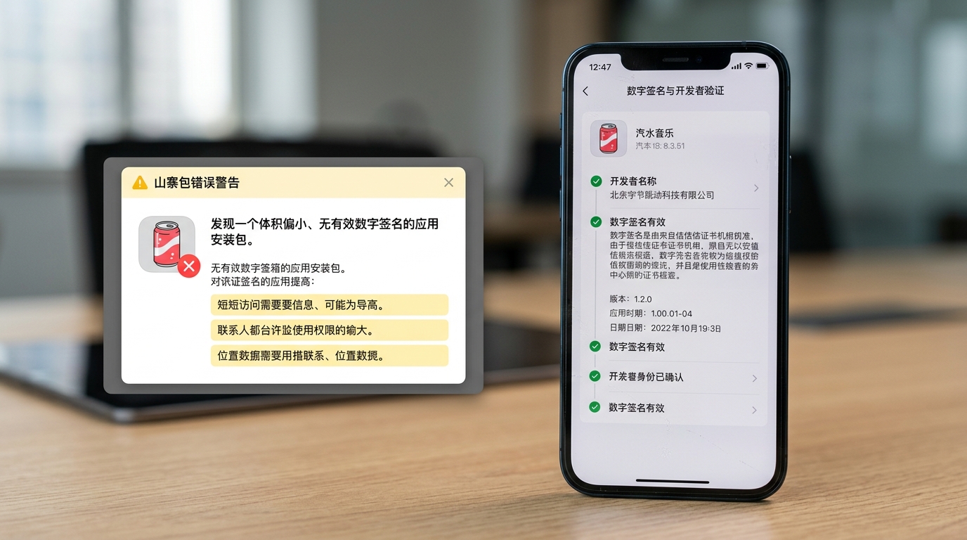 识别山寨汽水音乐下载安装包的签名与权限核对方法
