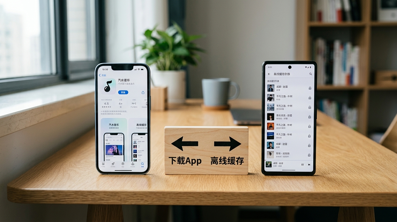 汽水音乐下载与离线缓存区别对比图