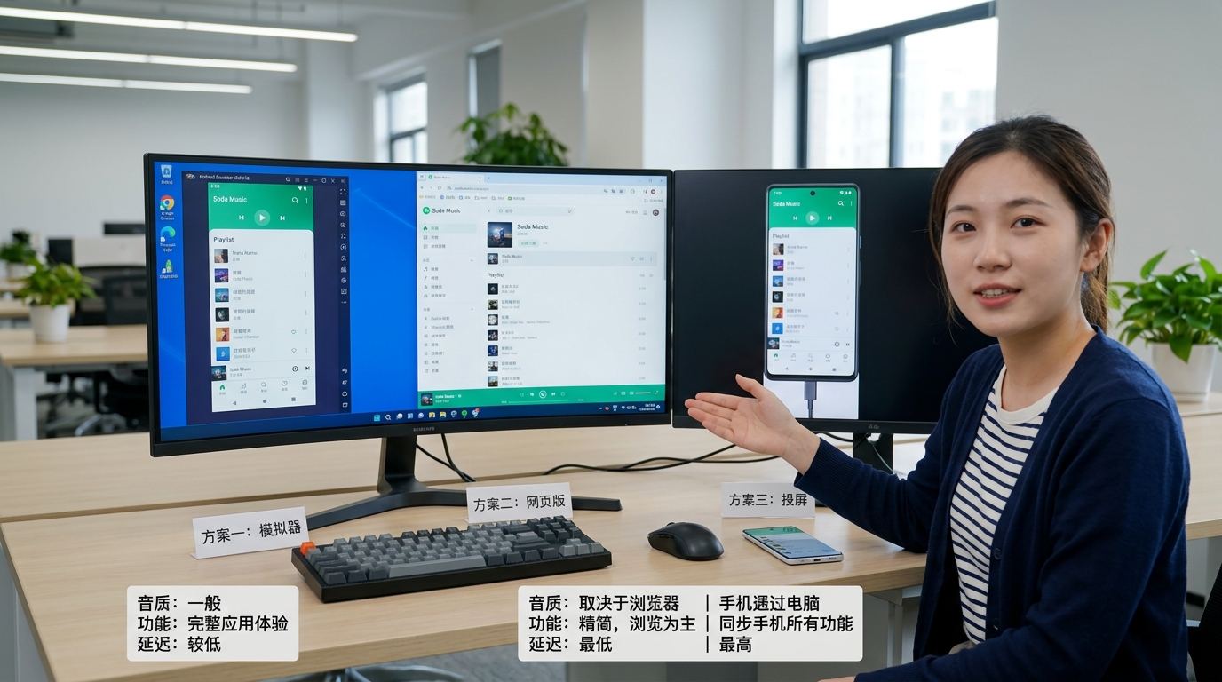 汽水音乐电脑版三种方案对比:模拟器、网页版、手机投屏
