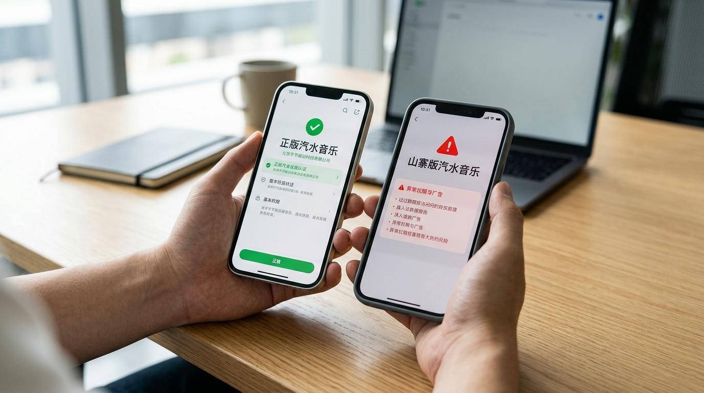 汽水音乐下载正版与山寨版签名权限对比