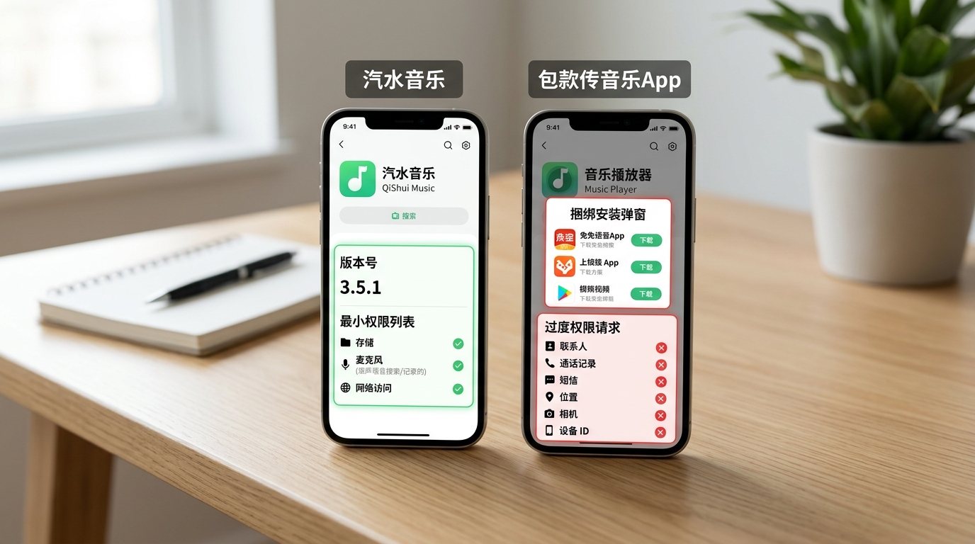 汽水音乐下载正版与山寨App图标版本号权限对比