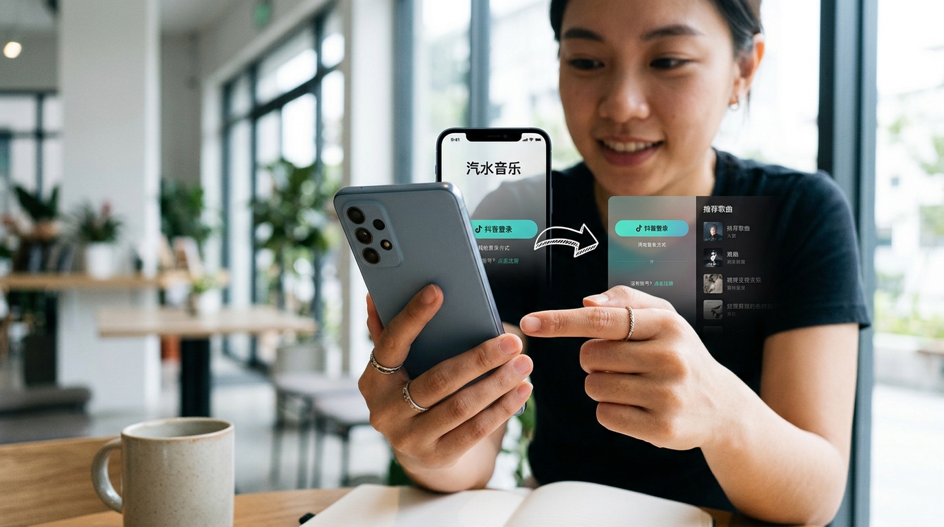 汽水音乐抖音账号互通登录与数据同步示意