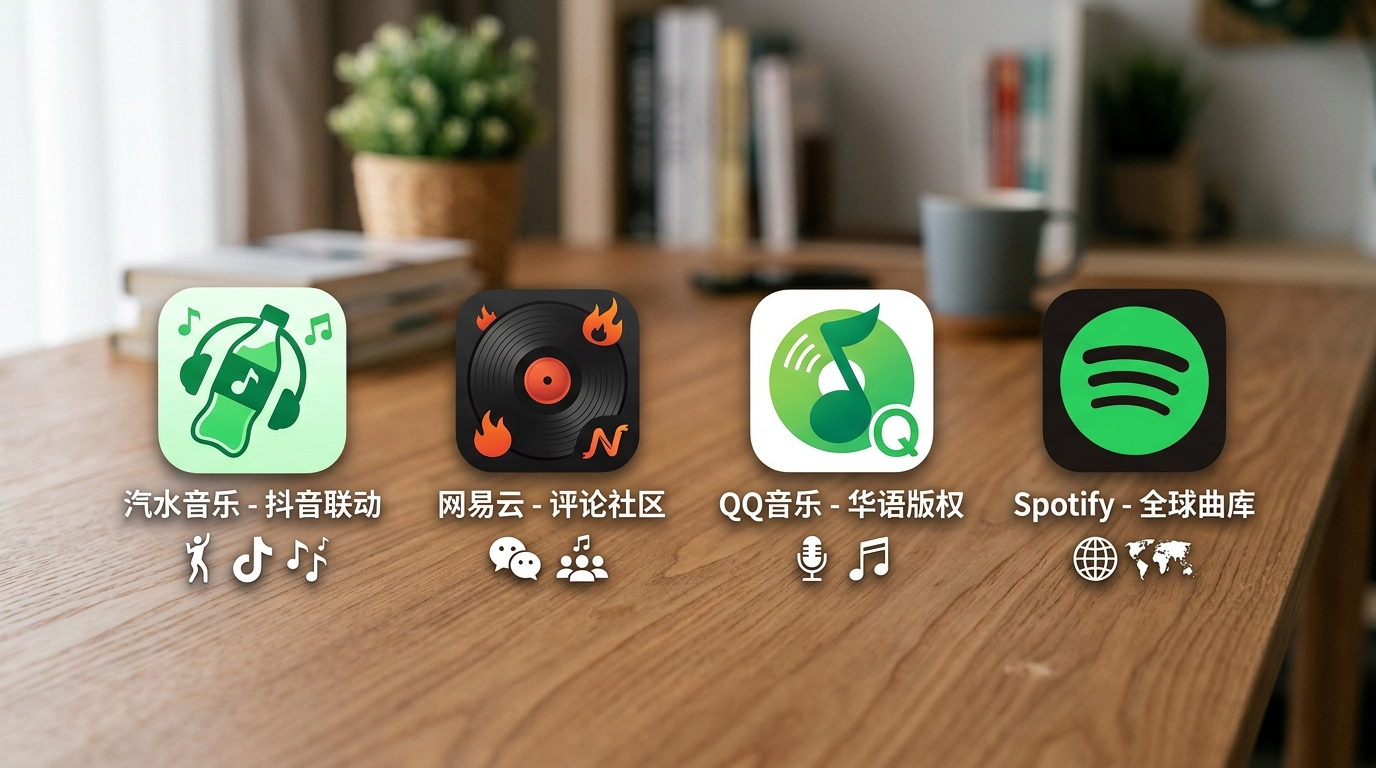 汽水音乐和网易云QQ音乐Spotify四款App功能对比图